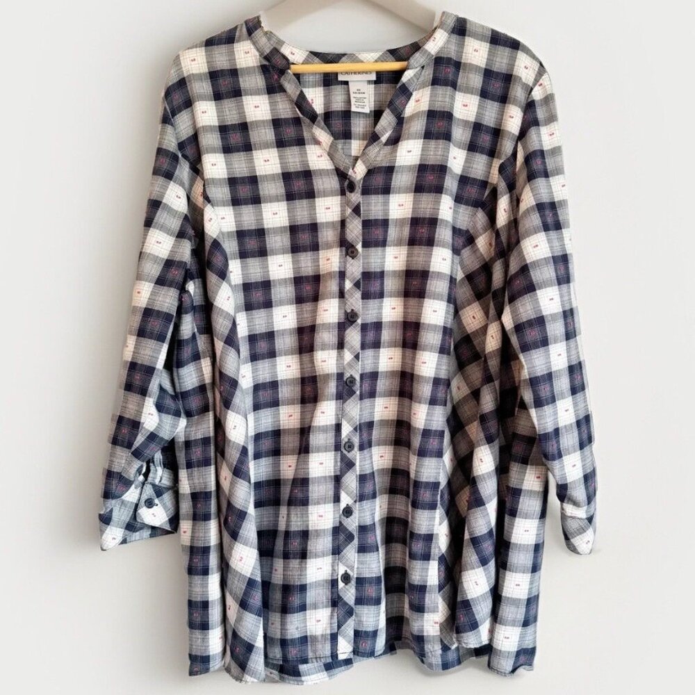 Catherines Blue Gingham Plaid Top Women’s 2X Long Roll Tab Sleeves Preppy